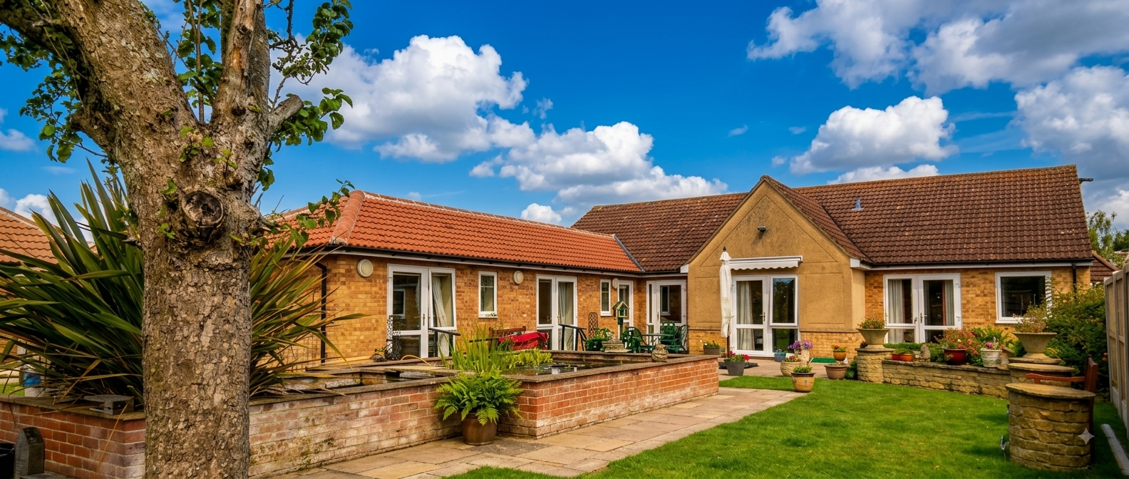 The rear of Stronvar Rest Home on a bright day, with patio doors opening onto the courtyard and lawn