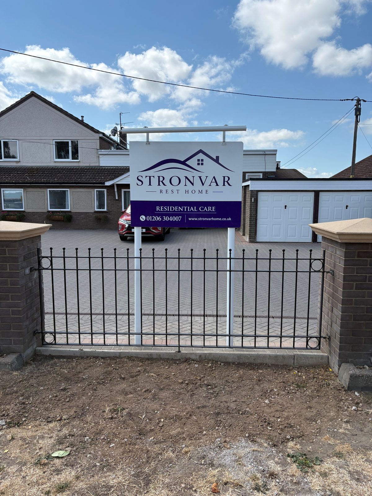 The entrance gates and sign at Stronvar Rest Home, Church Road, Brightlingsea